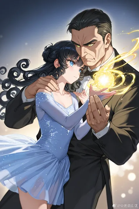 Tall man with Black hair, light cold blue eyes, handsome, bad tempered, wearing black clothes and a ballerina girl serious with blonde long curly hair and shiny golden eyes in a magic land wearing a blue delicate dress.