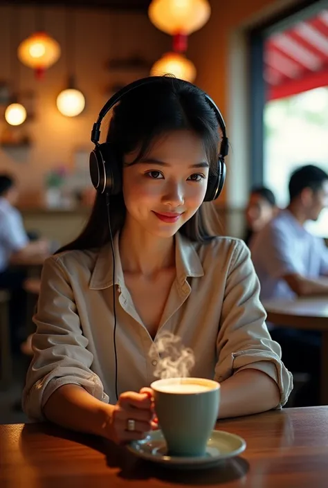 Make a picture of a young Asian sexy woman wearing a headset sitting in a coffee shop
ratios 1082x720