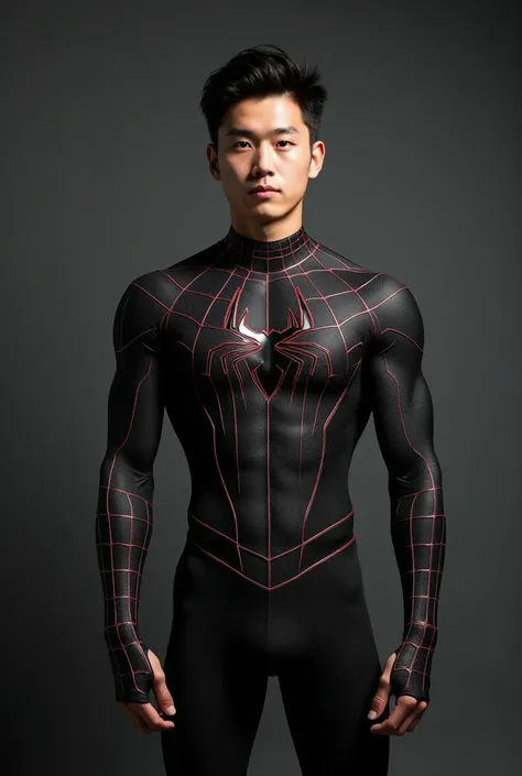 Handsome and sexy Korean teenager, teenager, young, male, wearing Spiderman black costume while showing his sixpack abs, muscular, sixpack, young, front view, Korean idol, hot, very muscle, very horny biceps and triceps, photo realistic, muscle, realistic,...