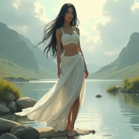 beautiful woman with long black straight hair wearing a white loincloth standing and posing barefoot next to a river in a cloudy day