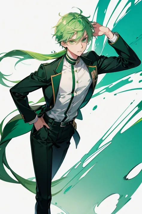 anime boy, green hair, light green eyes, cool, tall, handsome, school style, teenager, standing pose, cool for good quality drawing, make it real and smooth