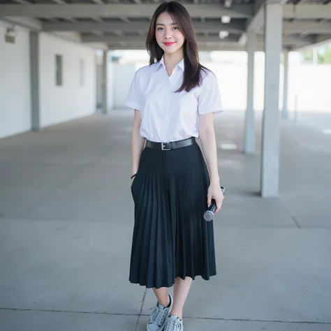 Beautiful woman with Korean-style make-up, emphasizing simplicity and brightness. Pink-red lipstick adds liveliness. Long, straight hair is left loose and comfortable. She wears a white short-sleeved collared six button-down shirt with a pleated black skir...