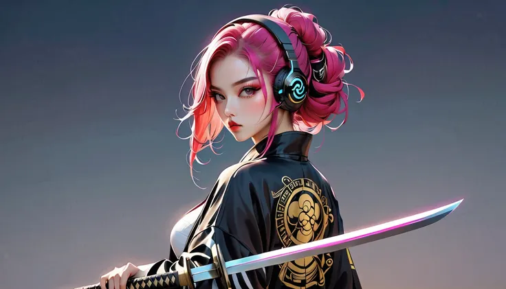 (masterpiece, ultra detailed,best quality,(((cyberpunk simple background))), (((hip hop girl))), (((1 girl))), (((Flashy makeup))), (((Japanese style headphones))),((samurai sword at back )), (((hiphop jacket with kimono ))),(((TATOO))), beautiful girl, lo...