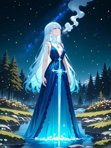 standing up looking up,stars in the sky,river,rocks,moss,bushes,trees,flowers,tattoos,lacy blue dress,long sword piercing chest,sparkly blues with hearts,half closed eyes,glowing body,steamy breath,snowing,lacy clothing,surreal,surreal,surreal,accurate,fin...