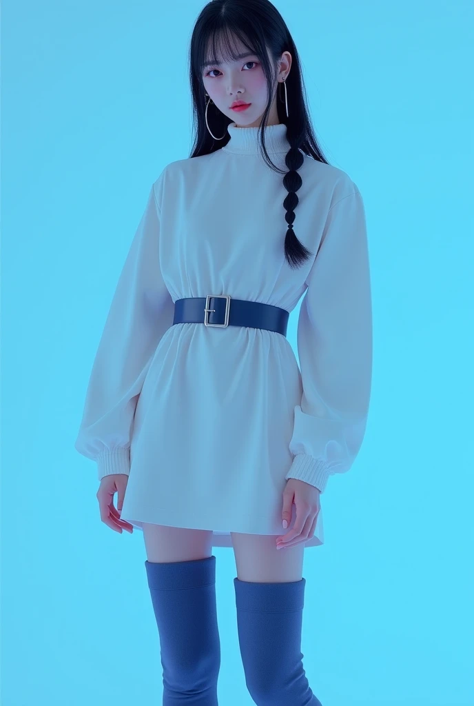 A realistic virtual kpop girl in black half side braided hair, half loosed hair wide lips, long face,  wearing white fitting high collar, full sleeved dress, matt blue waist belt,  matt blue Over sized  high knee socks with boots  silver accessories standi...