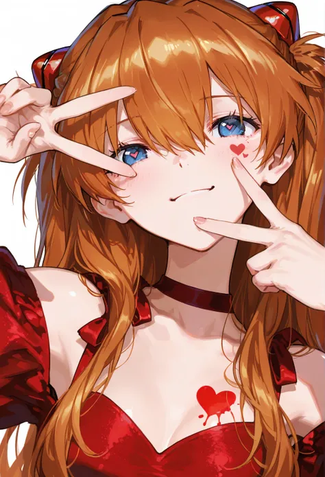  top quality , masterpiece,       748cm style      ,       1 girl,  Heart face mark     ,  v over eye      ,      viewers,  ,       upper body, smile,,       raise your hand, fingertip 、      Neon Genesis Evangelion 、 Shikinami Asuka Langley、 Red Dress 
  ...