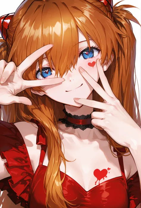  top quality , masterpiece,       748cm style      ,       1 girl,  Heart face mark     ,  v over eye      ,      viewers,  ,       upper body, smile,,       raise your hand, fingertip 、      Neon Genesis Evangelion 、 Shikinami Asuka Langley、 Red Dress 
  ...