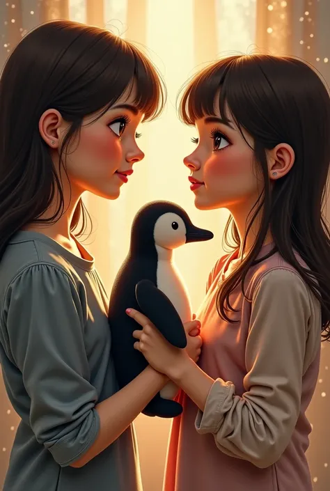  Make two teenage girls in love and one of them giving a penguin stuffed animal to the other, as if I were asking her to marry her 