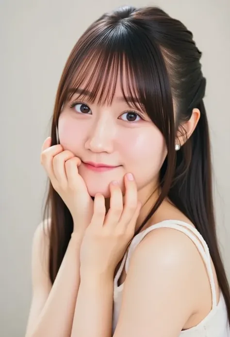 likeい,  adorable Japanese woman poses gently for the camera , She gently places her hands on her chin , Her long,  Black hair wraps around her gentle face .  She embodies the sweet innocence of Korean idols ,  and adds playfulness and cuteness . Her perfec...