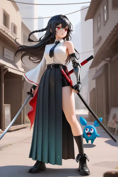 1 girl,  long hair,  black hair, Ojos rojos, Braid, orejas de animales, camisa blanca, tie,  shelter , single wide sleeve , asymmetrical clothing, Fingerless gloves,  single mechanical arm, skirt, side opening, socks, neutral expression,  outdoor, city, Pa...