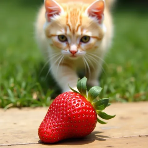 At the top of the frame, a cute, fluffy cat with bright green eyes is walking toward the camera on a soft grassy surface. The cat’s fur looks smooth and radiant, with a playful and curious expression on its face. Below, a freshly picked, vibrant red strawb...