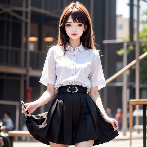 Beautiful woman with Korean-style make-up, emphasizing simplicity and brightness. Pink-red lipstick adds liveliness. Long, straight hair is left loose and comfortable. She wears a white short-sleeved collared six button-down shirt with a pleated black skir...