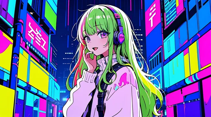 Im licking colorful rain、 1 girl,  long hair,  open her mouth ,  colorful hair, Earphones,  Background Blur, masterpiece,  high res, 