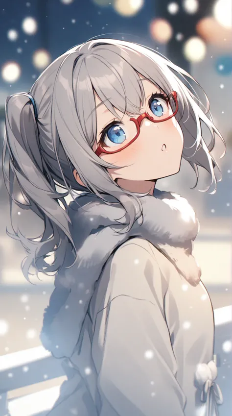 1 girl,  Grey Hair,   blue eyes, side ponytail, red rimmed glasses、winter、looks up at the 