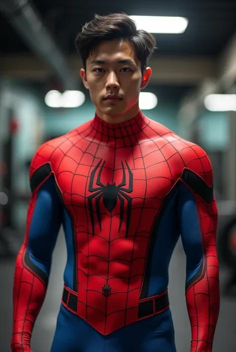 Handsome and sexy Korean teenager, teenager, young, male, wearing Spiderman costume while showing his sixpack abs, muscular, sixpack, young, front view, Korean idol, hot, very muscle, very horny biceps and triceps, photo realistic, realistic, 8k, UHD, sexy...