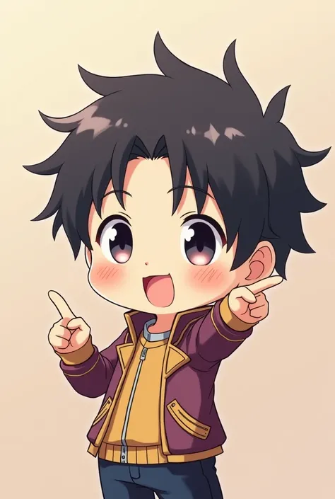 Anime character chibi guy with middle part hairstyle with expression of love while pointing at guy guy golden violet jacket