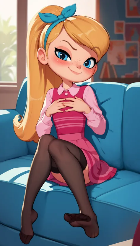 1girl, full body, solo, young girl, 9- year old, penny peterson, long hair, blue eyes, freckles, blonde hair, skirt, hairband, cyan ribbon, ponytail, black sexy stockings, pink dress, long sleeves, no shoes, score_9, score_8_up, score_7_up, score_6_up, sco...