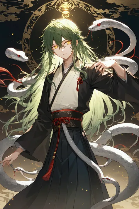 Illustration, highest quality, pixiv illustration, very detailed animation, ((alone), (male), green hair, yellow eyes, long hair, sharp expression, snake, black hanbok, oriental background, fantastic lighting.