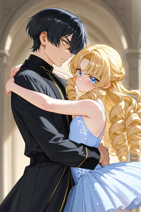 Tall young man with Black hair, light cold blue eyes, handsome, bad tempered but shy, wearing black clothes and a ballerina girl serious with blonde long curly hair and shiny golden eyes in a magic land wearing a blue delicate dress. THE GIRL IS THE ONE WI...