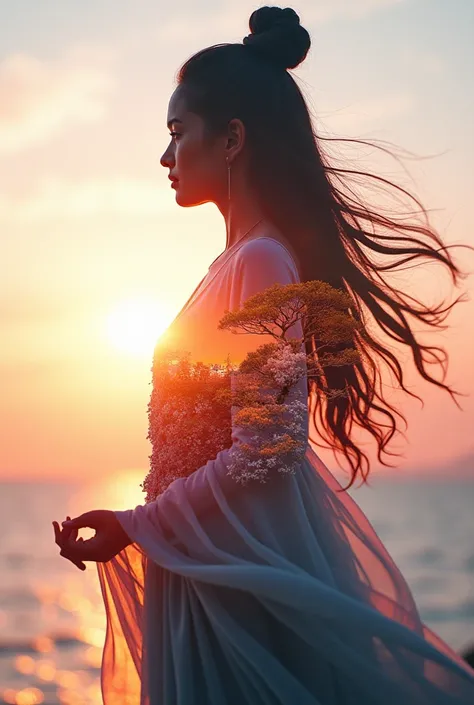 high quality, 8K Ultra HD, A beautiful double exposure that combines an goddess silhouette with sunset coast, sunset coast should serve as the underlying backdrop, with its details incorporated into the goddess , crisp lines, The background is monochrome, ...