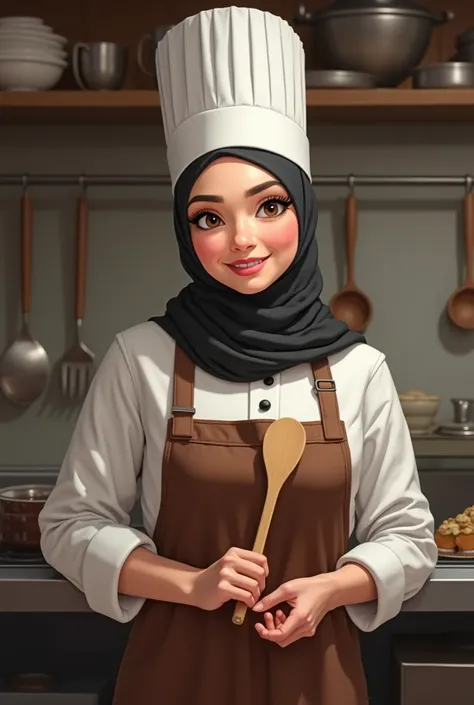 a picture of hijab pastry chef wear a long chef hat. she’s holding wood ladle 