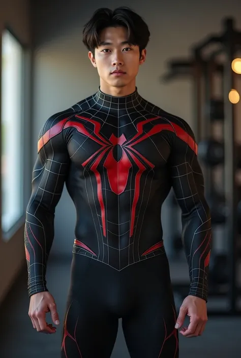 Handsome and sexy Korean teenager, teenager, young, male, wearing Spiderman black  costume while showing his sixpack abs, muscular, sixpack, young, front view, Korean idol, hot, very muscle, very horny biceps and triceps, photo realistic, realistic, 8k, UH...