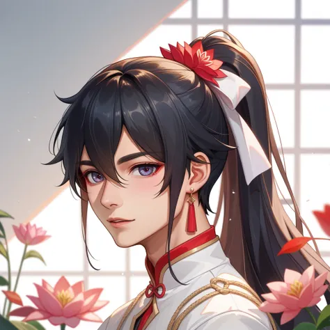  Master of Magic 、 Wei Wun Hui 、China、Tang Dynasty、Black Hanfu 、 delicate body、Beautiful Boy、solo、 black hair、 long hair 、Red Han String 、 Hindred Hair、 ponytail、Lotus flower、Lien Hua Wau 