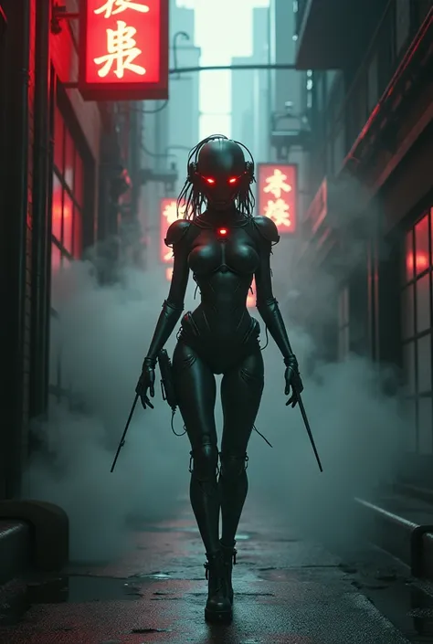 Gritty Cyberpunk Alley: A narrow alley lit by flickering neon signs, with steam rising from vents,The Enemy Revealed

Description: A mechanical automaton villain emerges in a foggy industrial alley.

Framing: Medium long shot, framing the automaton dramati...