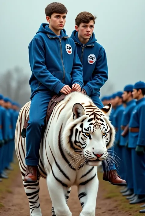  young men wearing blue corduroy clothes "CP" ,Riding a large white tiger  , background of troops dressed in blue 