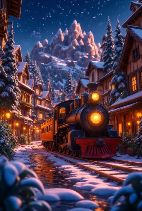 A magical winter scene featuring a classic black steam locomotive with glowing yellow lights, pulling vintage-style passenger cars through a snowy, pine-covered mountain village. The train is illuminated against a backdrop of warmly lit wooden cottages wit...