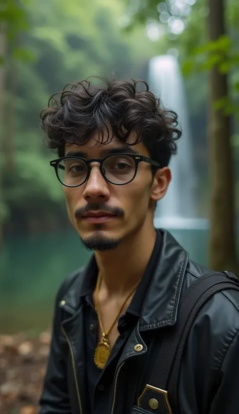 A 35-year-old Thai man with curly hair, short hair,wearing black-rimmed glasses, wearing jacket, with a mustache, in the forest , waterfall, with a gold necklace bhudda ความละเอียดสูงสุด, พื้นผิวที่มีความสมจริง, ผลงานชิ้นเอก, 