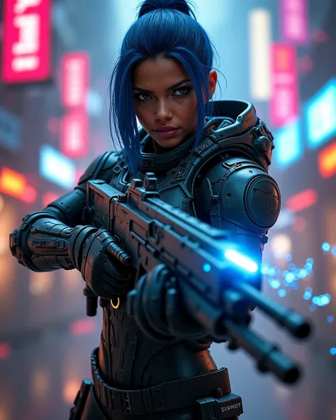 cyberpunk, cyberpunk solider, black woman, indigo hair, shooting huge gun, in armored glowing cybersuit