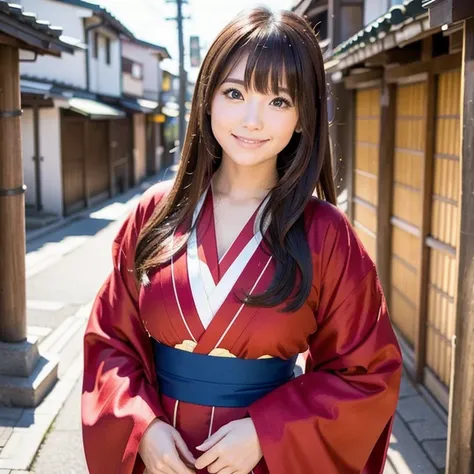 A Woman with long hair with Bangs wearing red kimono, standing and posing in Japanese street. Close view.