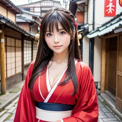 A Woman with long hair with Bangs wearing red kimono, standing and posing in Japanese street. Close view.