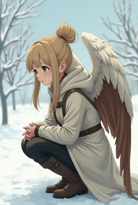 A girl, pale skin,  chocolate brown eyes ,  light beige hair tied in a high bun with two locks falling on each side of her face, ropa invernal medieval con una capa larga con capucha color white and brown ,  very large and long wings falling down her back ...