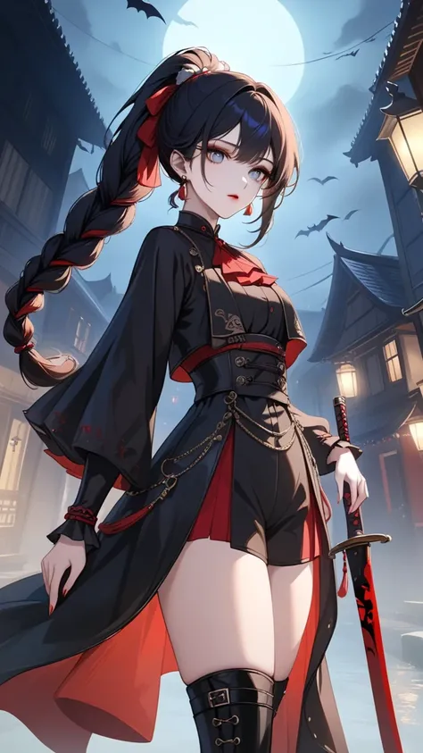 (top quality, 4K, masterpiece :1.3),  double eyelid, 1 cute young beautiful asian woman shemale, dark haired, pale skin, grey eyes, asian slanted eyes, long hairs, red lips, dressed, sword sheathed, earring, black leather vampire hunter outfit, black boots...