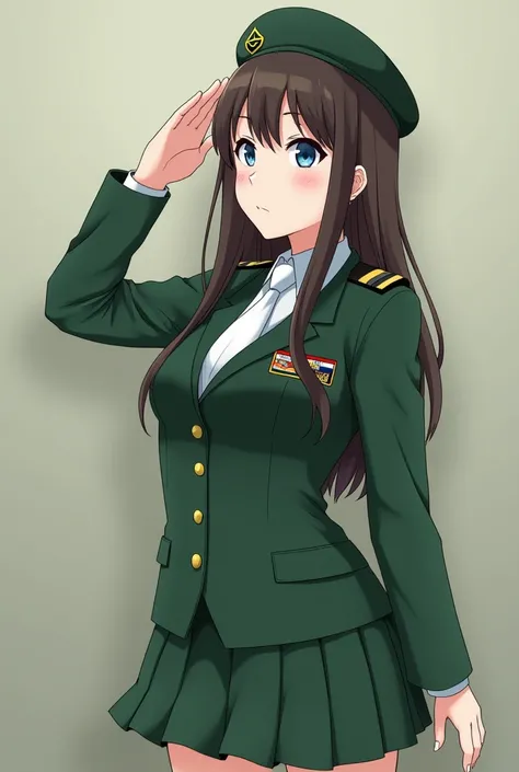 japanese woman army beret uniform,necktie green jacket suit green tight skirt,twoshot jgsdf green suit salute,army base, long hair, bangs, blue eyes, black hair, ribbon, hair ribbon, blue ribbon, hair over shoulder, medium breasts,brown hair, brown eyes, l...