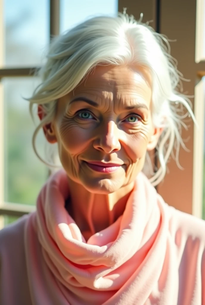  1 woman,  Light pink shawl ,  white hair , Raw hair, Fresh expression , Indoor window background ,  Sunlight coming through the window,  Clear eyes like glass ,  student.