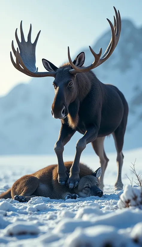  The moose’s hoof presses against the hyena’s chest in a triumphant pose, the defeated predator sprawled in the icy tundra.
