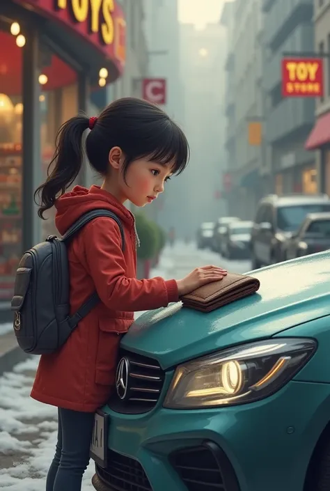 The girl placing the wallet on top of a car and covering it with her coat. The car is parked near the toy store, and she looks back at the wallet with a sense of responsibility.