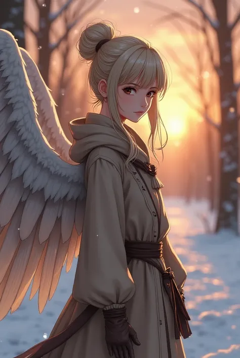 A girl, pale skin,  chocolate brown eyes ,  light beige hair tied in a high bun with two locks falling on each side of her face, ropa invernal medieval con una capa larga con capucha color white and brown ,  very large and long wings falling down her back ...