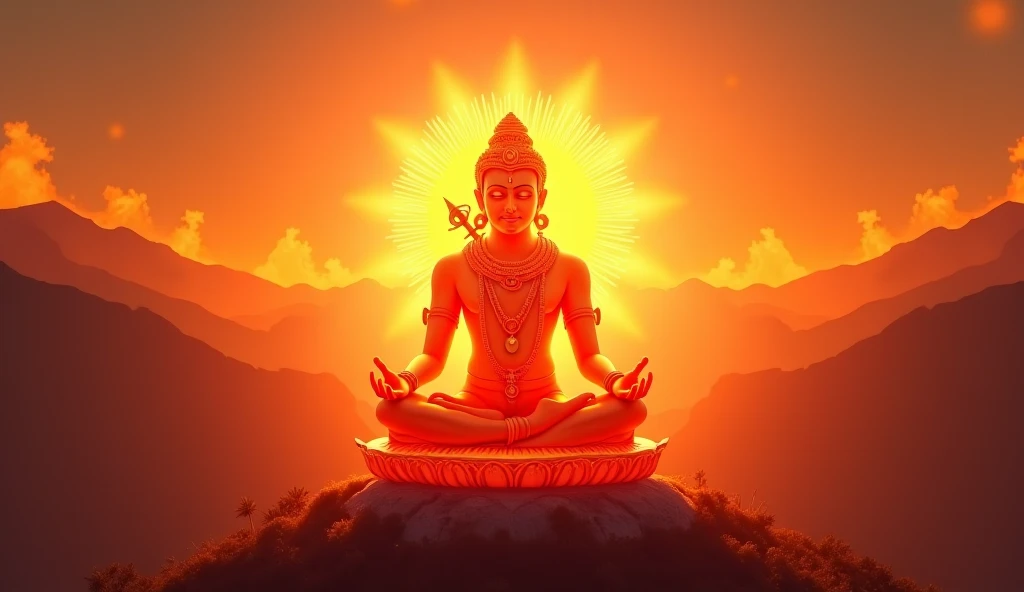 A very clear ultra HD quality dynamic image of " An artistic depiction of Hanumanji glowing in a divine aura, with a message overlay: "True devotion comes from purity of heart." The background is a serene landscape with a glowing sunrise.