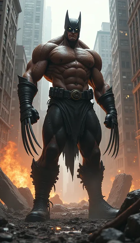 Create a super-humanoid merge prompt from Wolverine and Daredevil at the downtown location of destruction,gripping atmosphere, strong and realistic body 