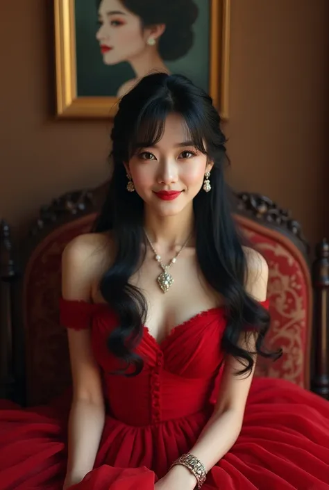 Create  korean woman,slim face long black shiny hair with stylish bangs,glossy skin,wearing a red classic ball gown,setting on the thrown like a royal princess,earings,nicklace, bracelet,background a wall with picture frame of a silhouette of a elegant wom...