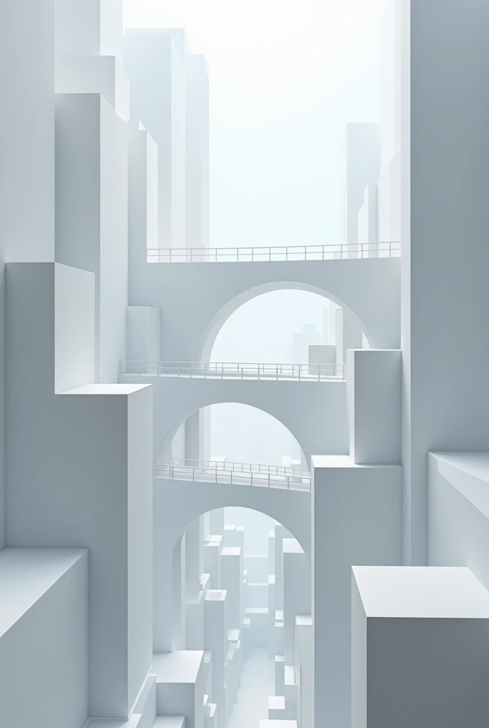 make me a picture of a white dimension that is infinite in extent, many bridges that are connected to each other. There are big and small bridges, and also under the bridge there is a very deep ravine, and there are many types of floating cubes. All object...