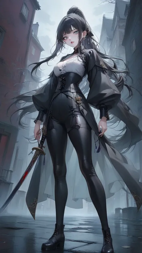 (top quality, 4K, masterpiece :1.3),  double eyelid, 1 cute young beautiful asian woman shemale, dark haired, pale skin, grey eyes, asian slanted eyes, long hairs, red lips, dressed, sword sheathed, earring, black leather vampire hunter outfit, black boots...