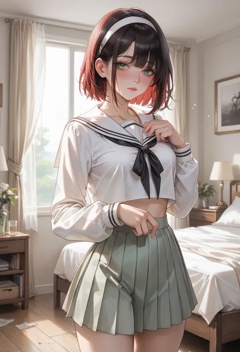  white sailor suit,  Long Sleeve ,  white short pleated skirt,  big black ribbon on chest ,  Abandoned Bedroom, red short hair,  The girl is wearing a white headband,  Tall Girl , medium breasts, standing, girl is drunk, Lift the skirt by herself,  green p...