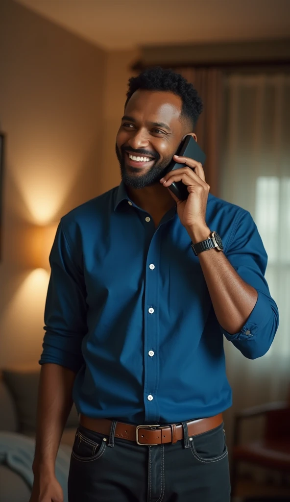 30 year indian man speaking in phone, happy face, wearing blue shirt and black jeans, standing inside home, luxury interior, luxurious house interior, detailed image, detailed face, cinematic scene, cinematic lighting, ultra realistic, hyper realistic, hig...