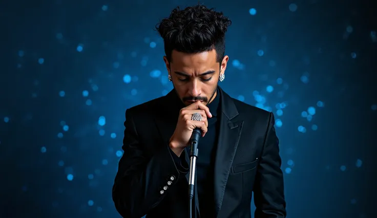 Bruno Mars look alike very stylish, diamon earings, sleak, well dressed, with his hand resting on the microphone, while he is looking down, posing for a photoshoot, 8k dark blue glittery background