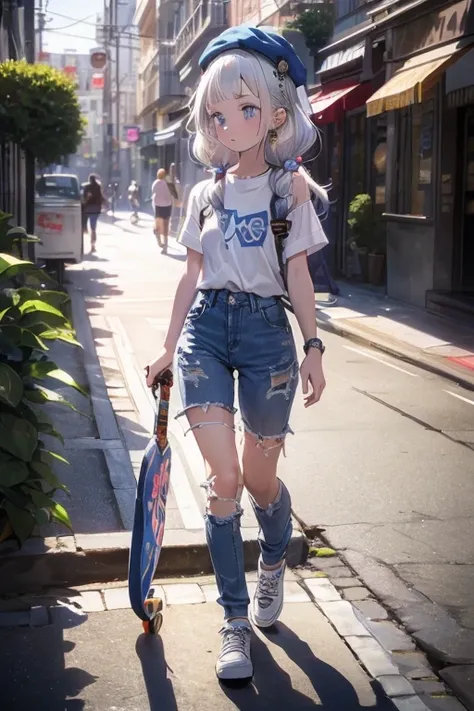 ((top quality)),((masterpiece)),((perfect face)),(ultra-detailed), ultra high res, 8k, UHD, ((View from the side, dynamic angles, front view, cinematic, high contrast)), ((Petite girl on skateboard, Skateboard with lots of stickers)), ((petite girl, blue e...